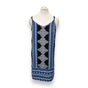 Pink Republic Women’s V-Neck Strappy Mini Shift Dress Tribal Boho Blue/Black L
